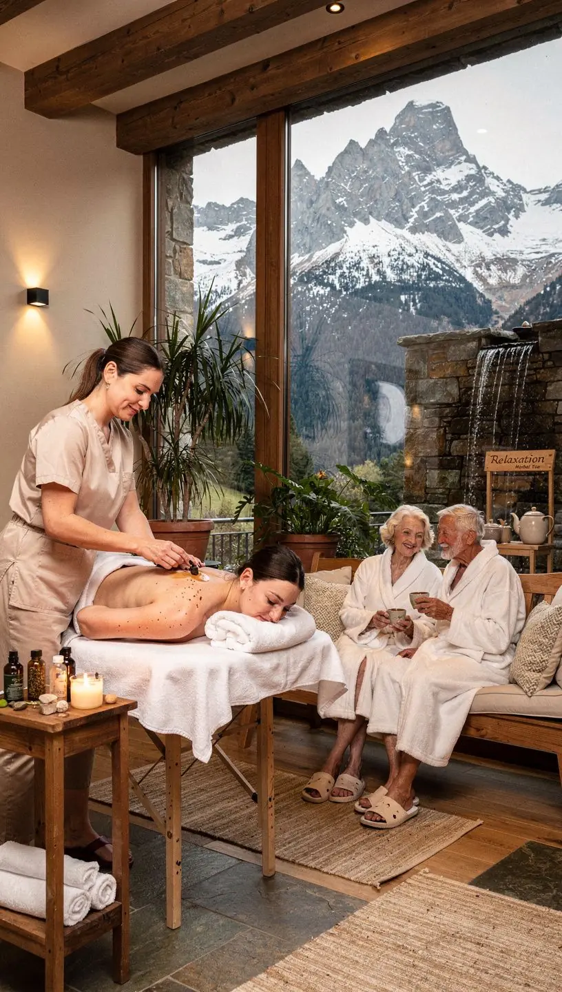 A cozy mountain lodge nestled among towering pine trees with a breathtaking view of the surrounding peaks.
